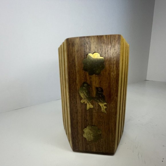 Vintage Wooden Hexagon‎ Small Figures Brass Bird Fish Birds Inlay Pencil Holder - Picture 3 of 5